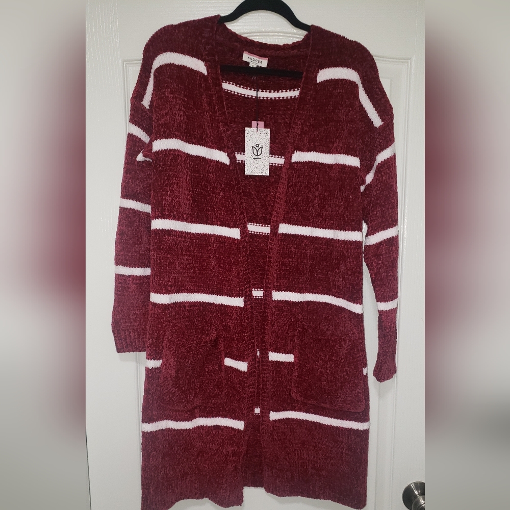 Andree (NWT) Striped Wine/White Relaxed fit Long Cardigan w/Pockets Size S - Picture 2 of 6